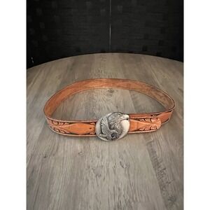 Vintage Looper Tooled Leather Belt w/ American Bald Eagle Buckle Sz 34 Good Cond